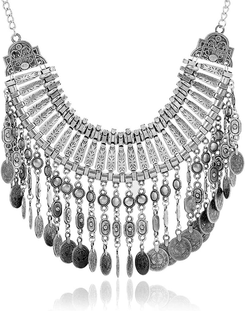 CCBFY Long Tassel Chunky Boho Coin Statement Necklace For Women Silver - Image 1